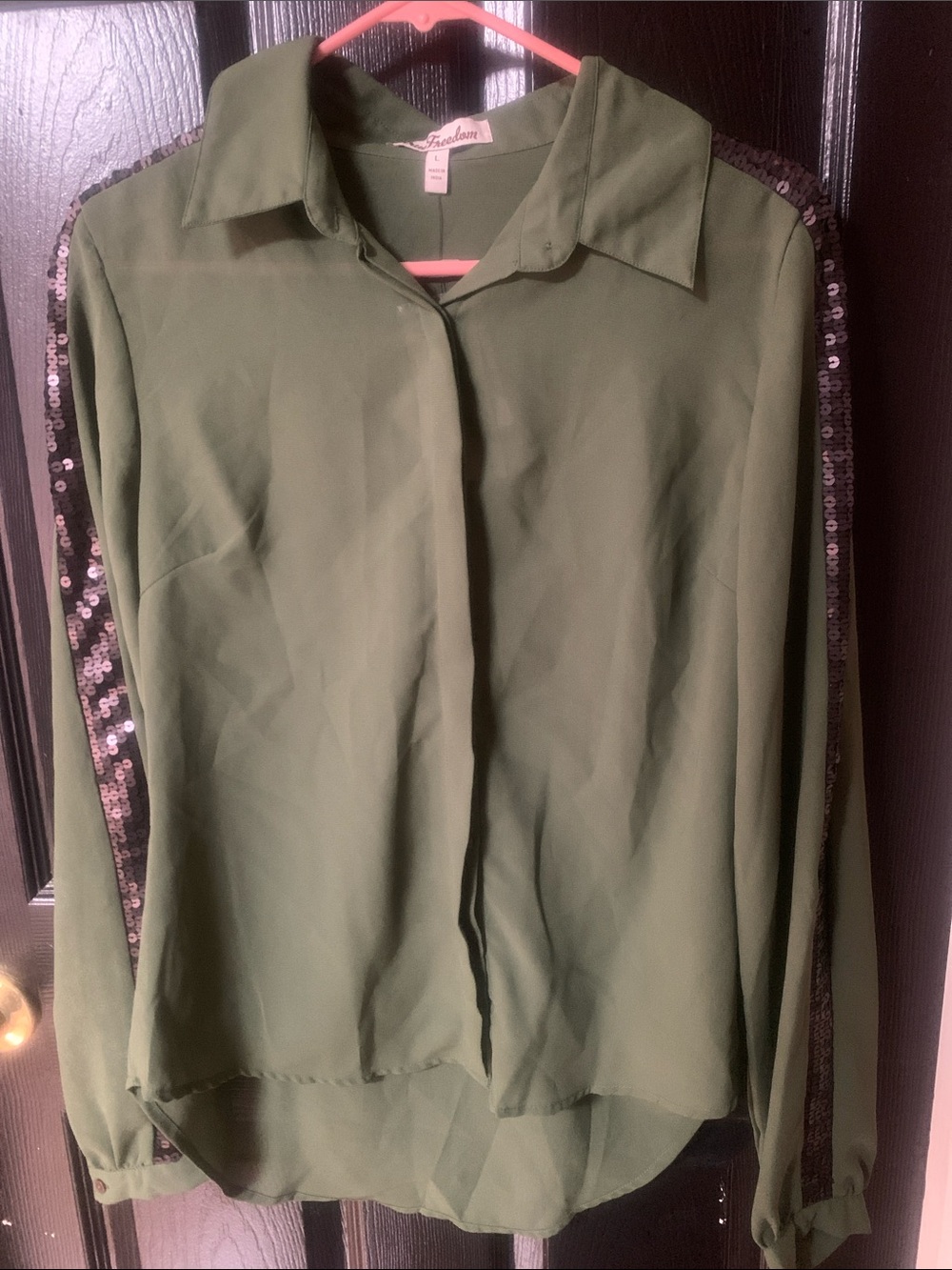 True Freedom Green Button-Down Blouse with Sequin Sleeve Trim